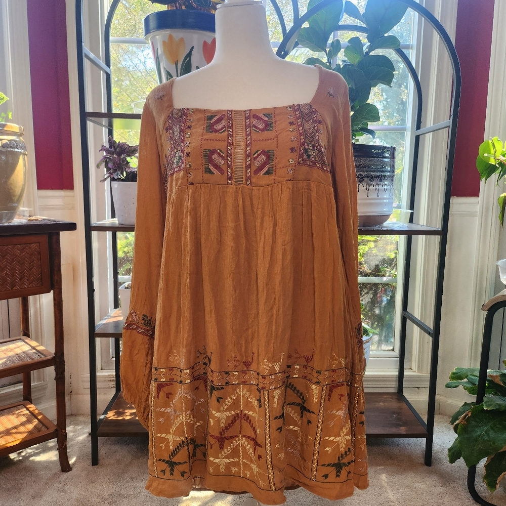 Free People Embroidered Rhiannon Babydoll Dress Yellow No Size Tag